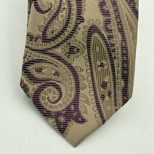 Bugatchi Made in Italy 100% Silk Tie Tan Purple Paisley Necktie 62x3 Excellent